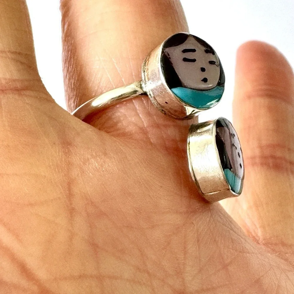Zuni Indian Maiden Ring‎ Wrap Adjustable Sz 8 Turquoise Inlay Woman Native Amer